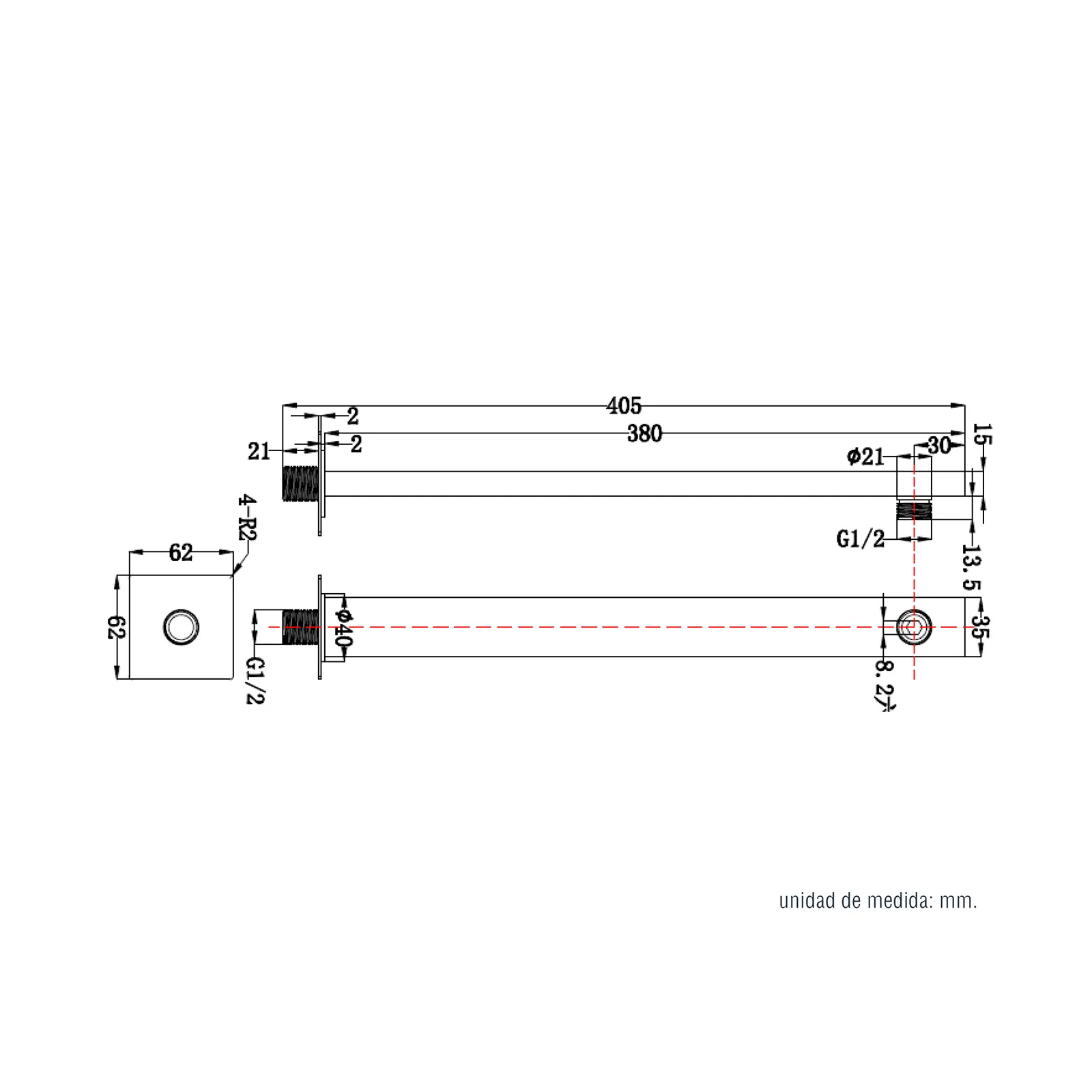 KUBIKA NEGRO MATE GRIFO DUCHA BRAZO CUADRADO A PARED 380MM