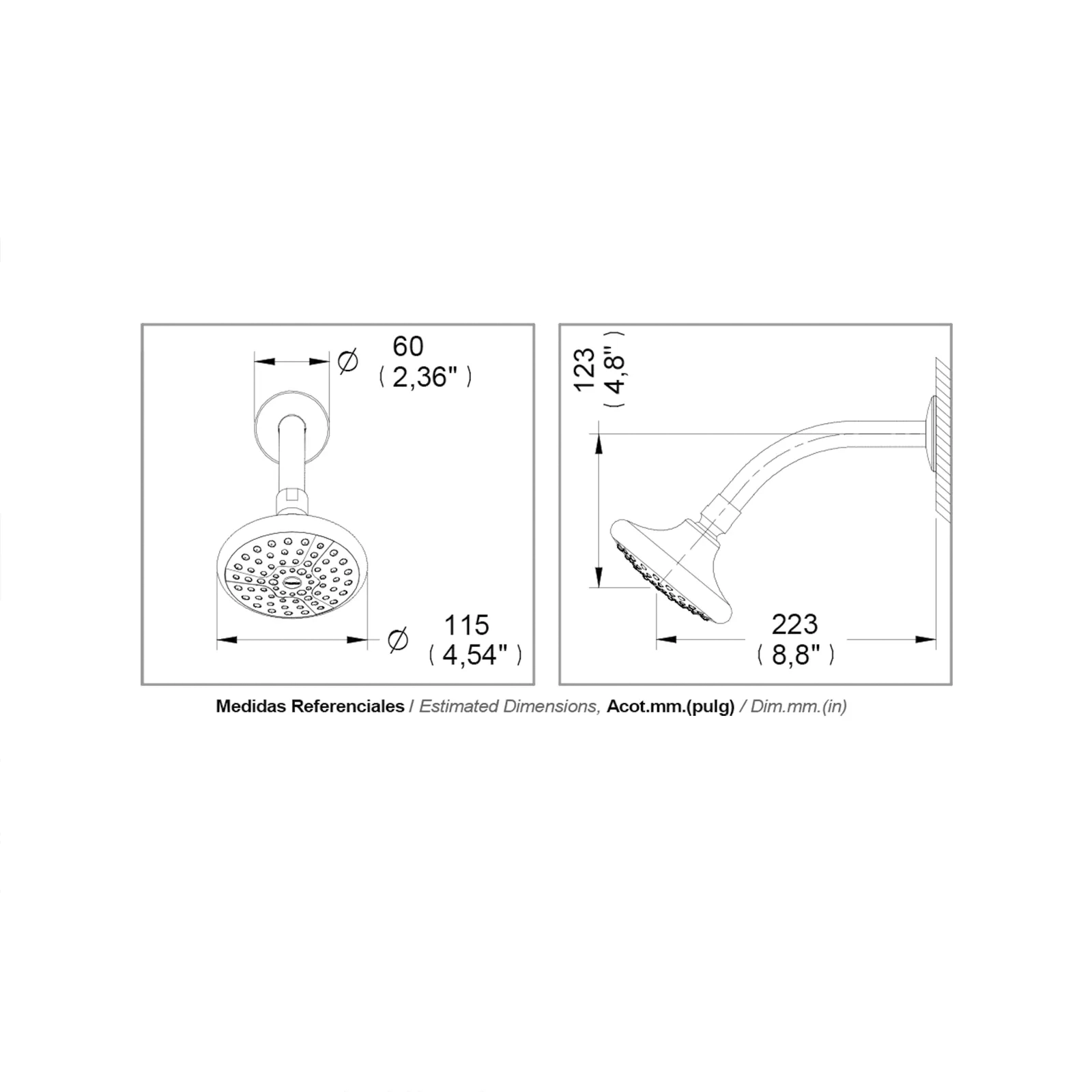 KIT BRAZO Y CABEZA DE DUCHA REDONDA A PARED 115MM PROYECTA