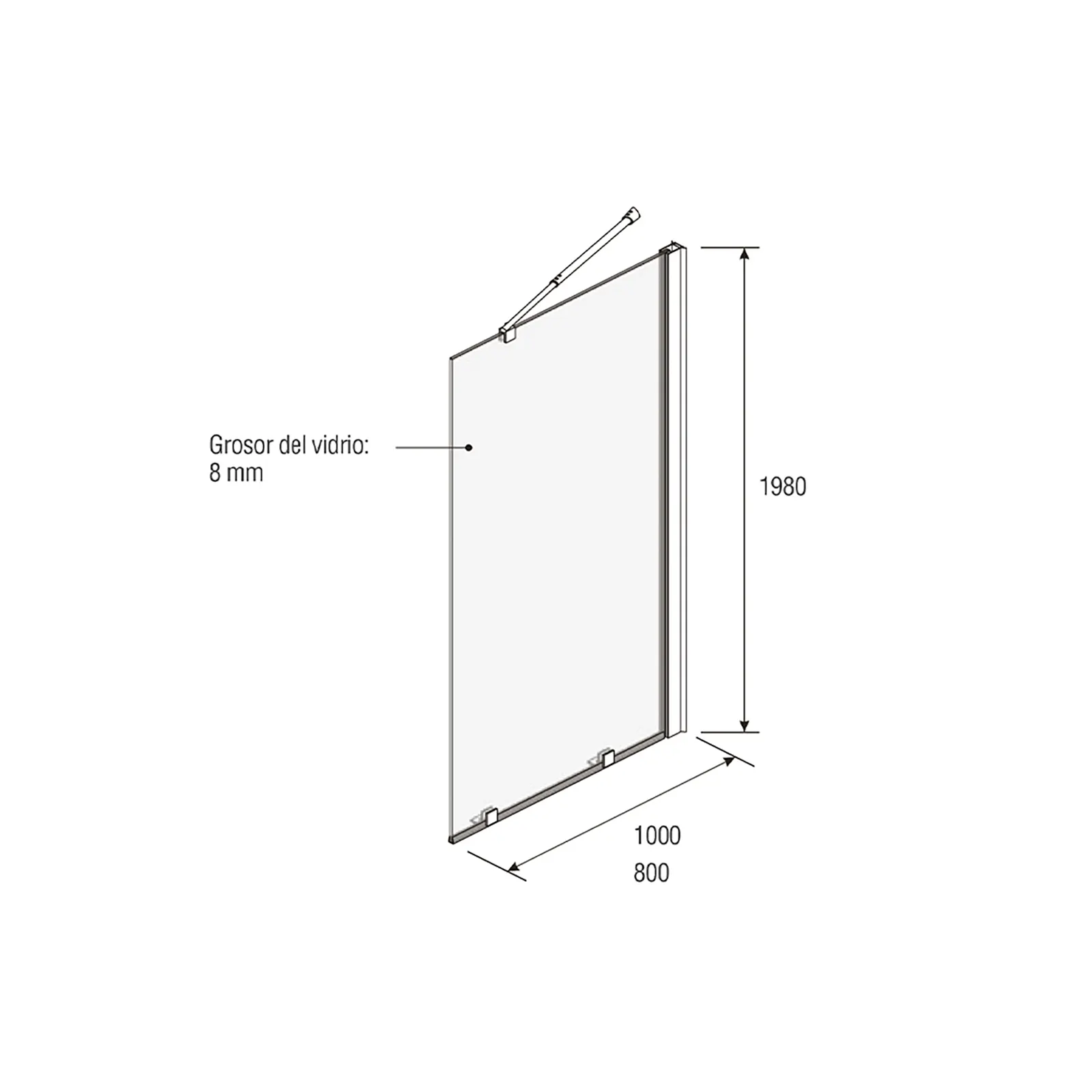 MAMPARA FIJA DE VIDRIO TEMPLADO 8MM, INOX DE 1MT