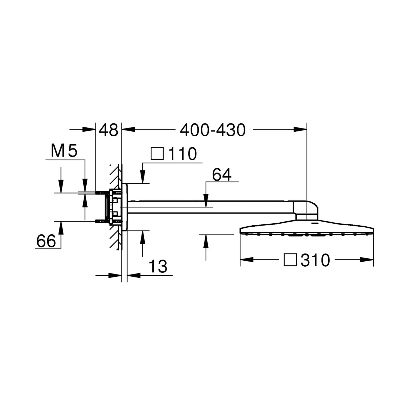 KIT BRAZO Y CABEZA CUADRADA A PARED 310MM RAINSHOWER