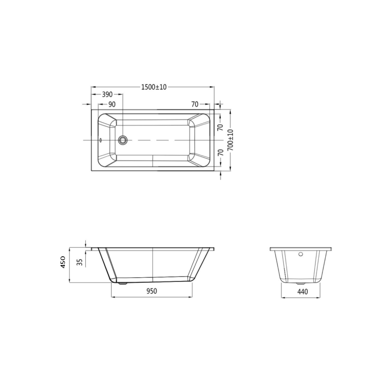 BLANCA TINA SENCILLA EMPOTRAR ACRILICA 1PER C/DESAGUE RECT 1500X700X450 M902