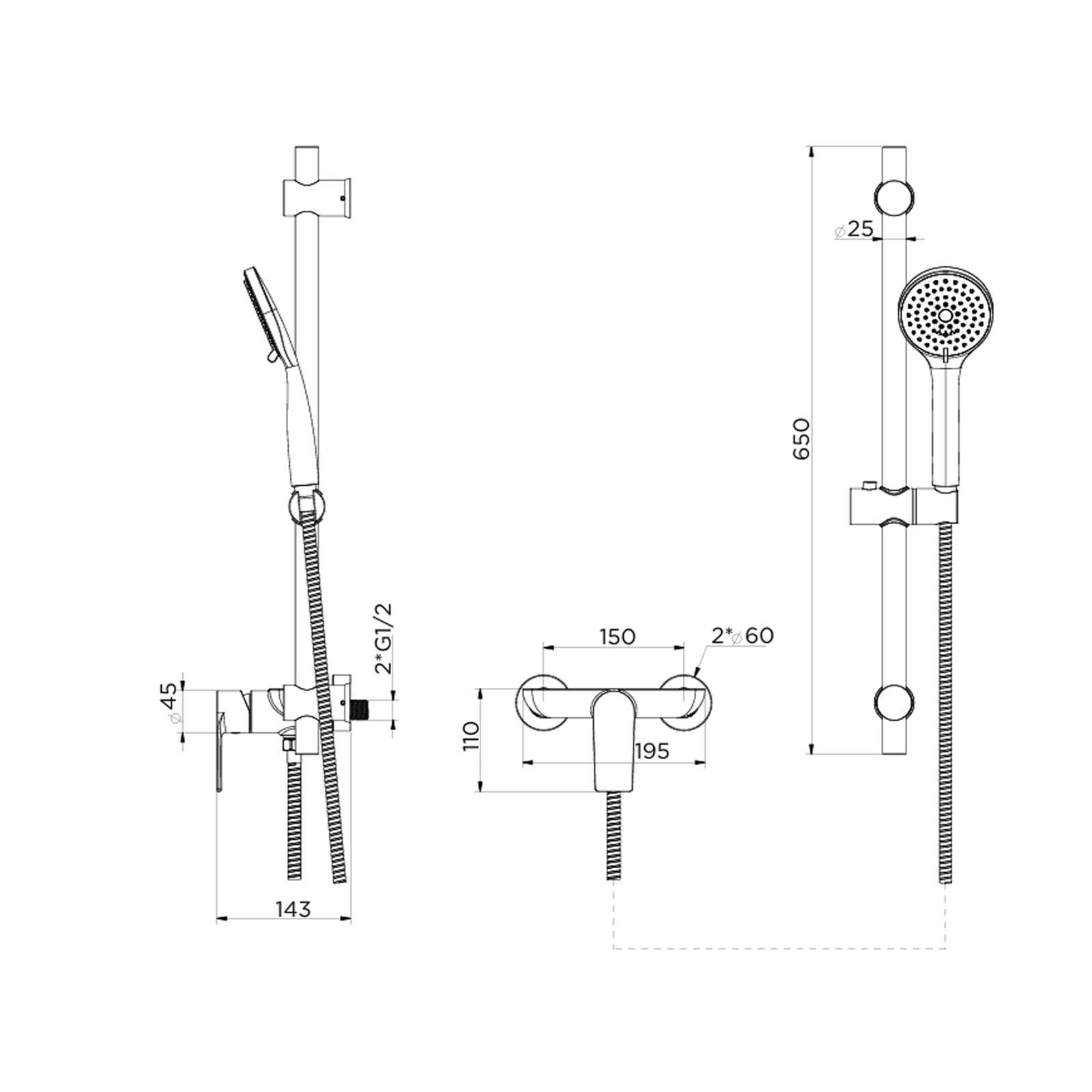 CITY INOX SATIN GRIF DUCHA MEZCLADORA MONOMANDO EXPUESTA CON BARRA, MANGUERA Y TEL IN-H8024