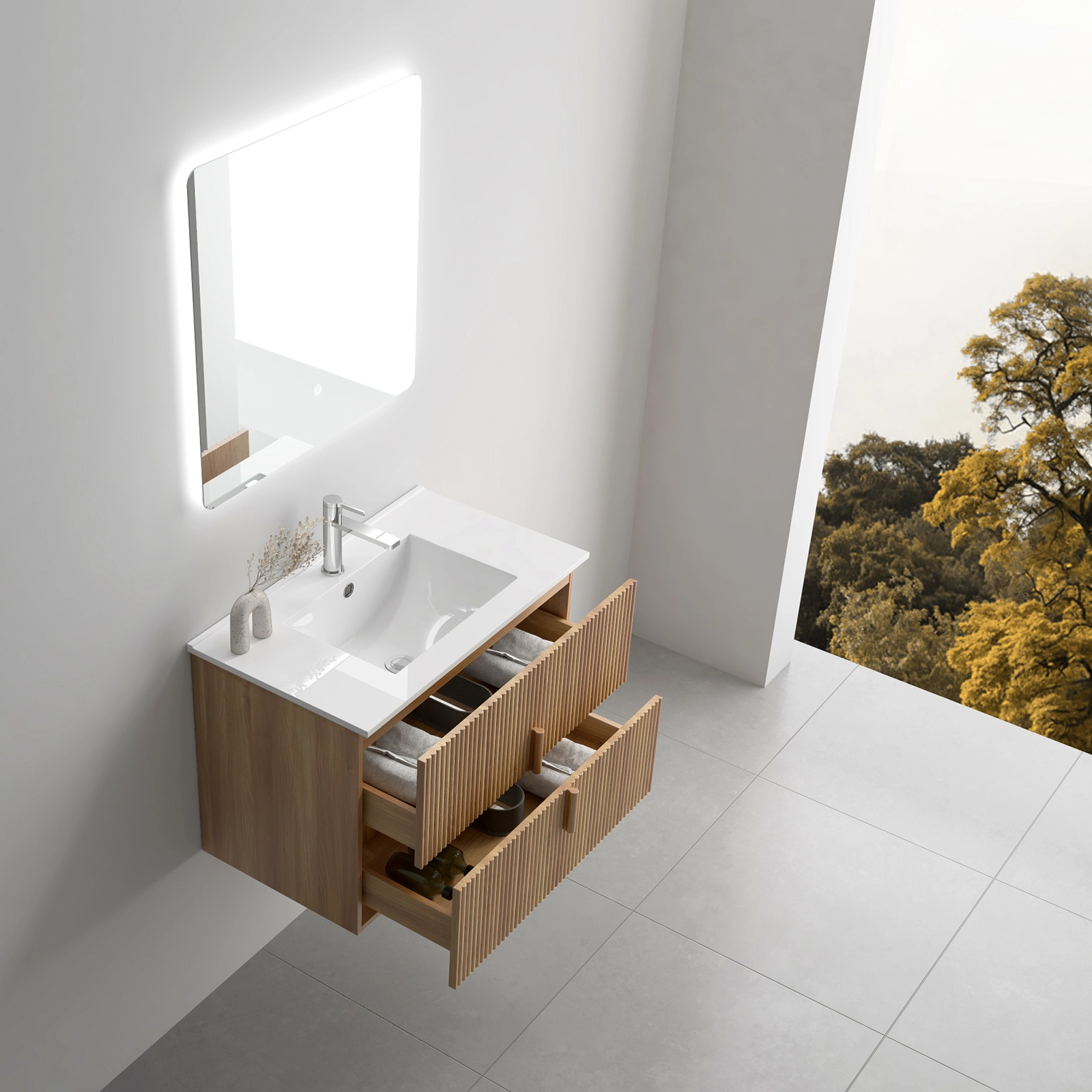 TURIN CAFE CLARO MUEBLE DE BAÑO CON LAVAMANOS, ESPEJO Y GABINETE