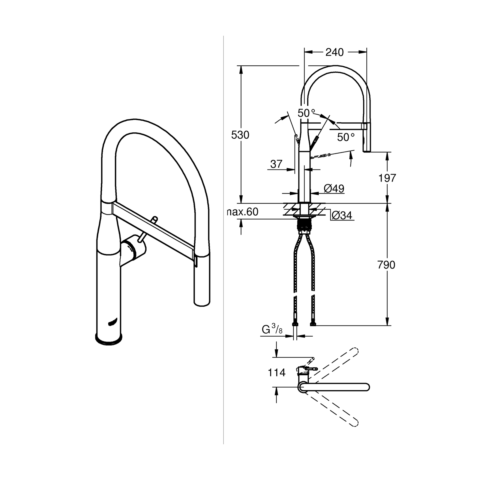 GRIFO DE COCINA MEZCLADOR MONOMANDO CUELLO FLEXIBLE ESSENCE