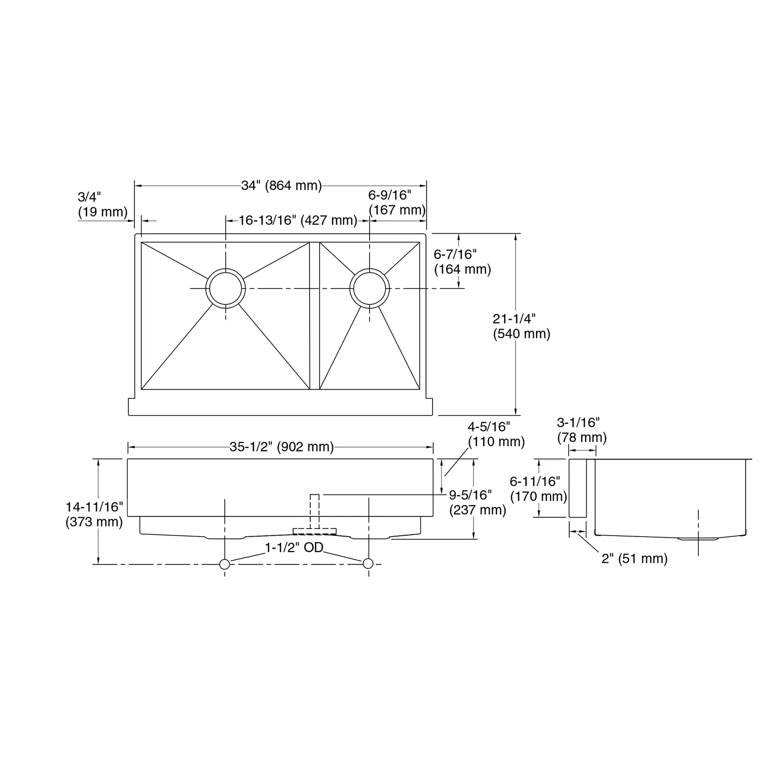 LAVATRASTOS  SUBMONTAR, VAULT ACERO INOXIDABLE RECTANGULAR DOS FOSAS CON FALDON (REQ 023841)