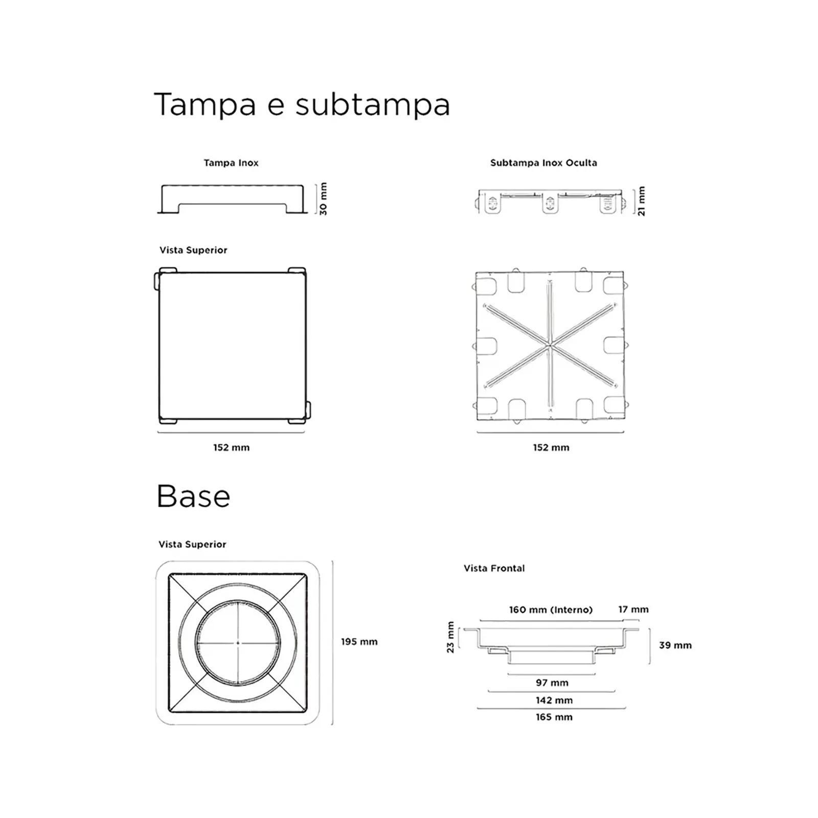 SQUARE CROMO DESAGUE PERIMETRAL CON TAPA INOX CUADRADA 150 X 150 MM 210