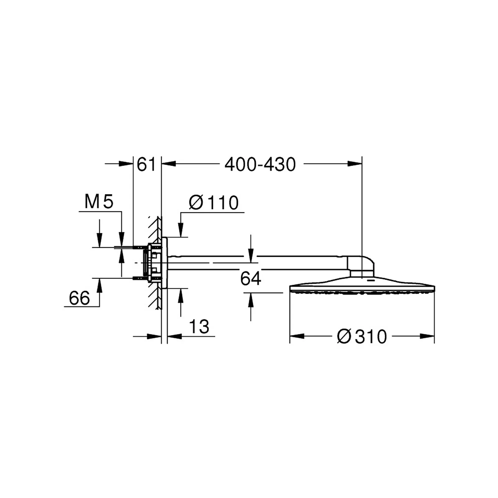 KIT BRAZO Y CABEZA DE DUCHA REDONDA A PARED 310MM RANSHOWER